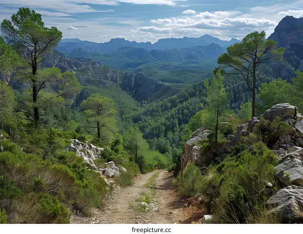 The rugged mountain landscape of Mallorca, Spain, with a dirt road winding through the foreground