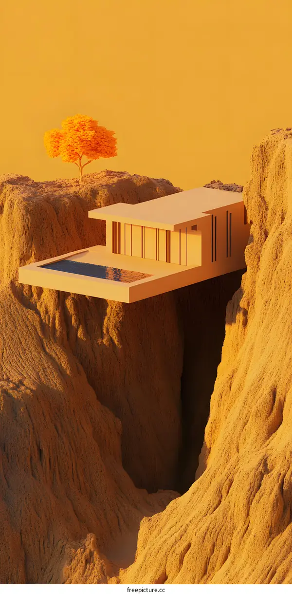 Minimalist House with a Pool and a Tree on a Mountain