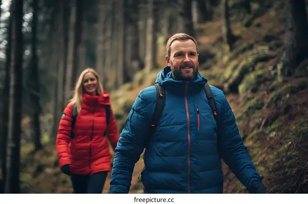Couple Hiking in the Forest with Backpacks
