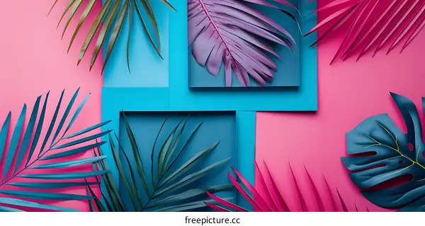 Tropical Leaves and Blue and Pink Geometric Shapes