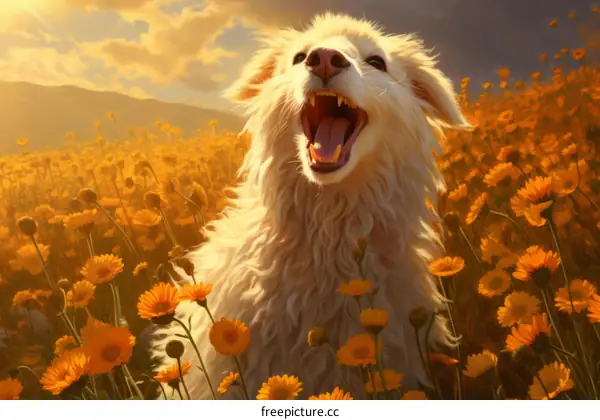 A shaggy white dog with an open mouth stands in a field of yellow flowers