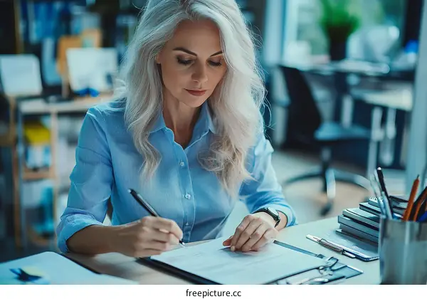 Focused Female Professional Signing Document in Office