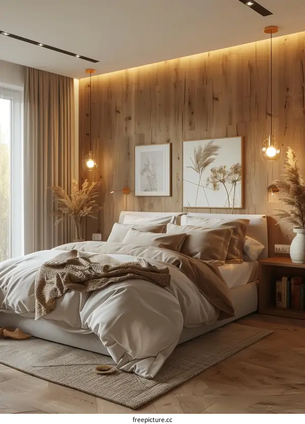 Cozy Beige Bedroom Interior Design with Wooden Walls