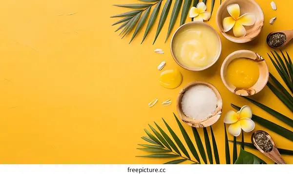 Tropical Spa Products on Yellow Background