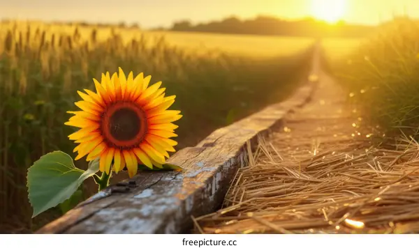 Sunflower in a Field of Wheat at Sunset