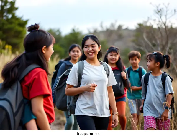 Group Of Asian Friends Hiking Together In The Forest