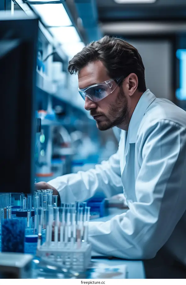 Scientist wearing protective eyewear works in a laboratory
