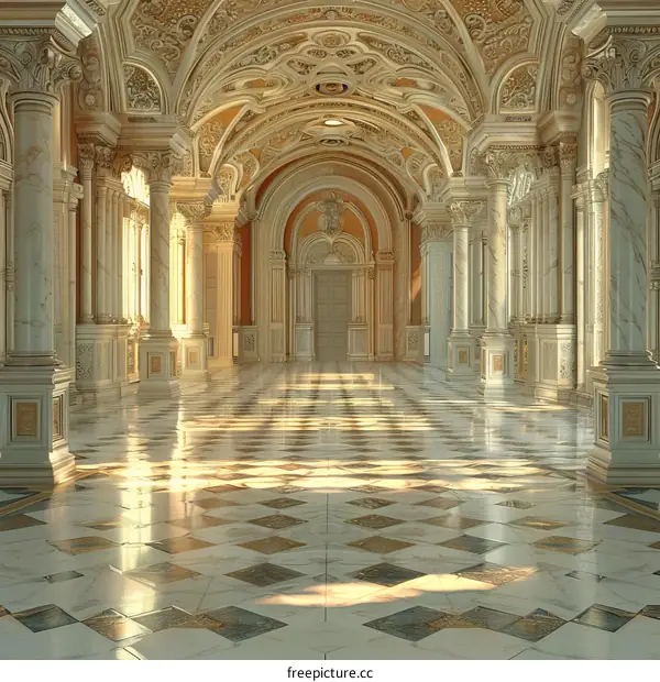 Ornate Hallway with Marble Floor and Columns