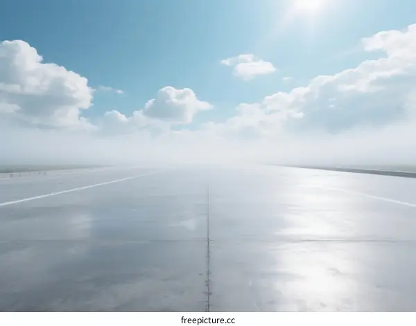 Empty Airport Runway Covered with Morning Mist Under Blue Sky