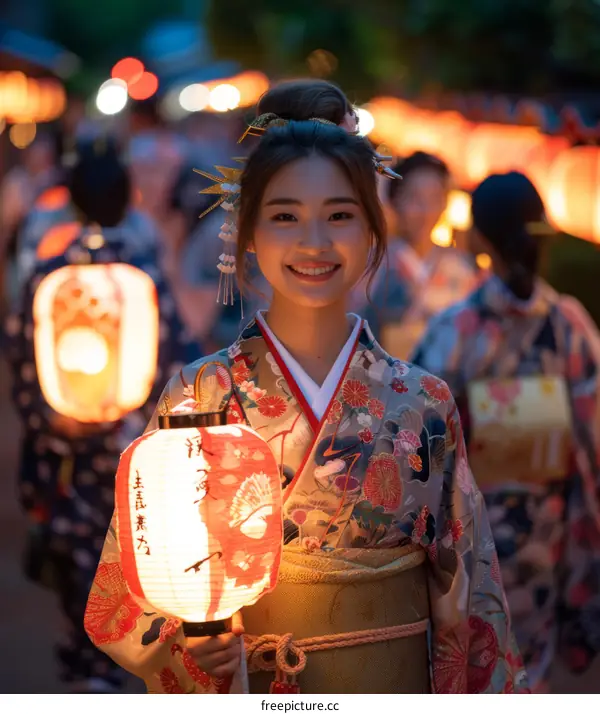 A smiling Japanese woman in a kimono holding a lantern