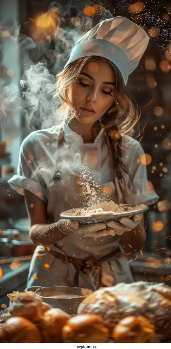 A female chef is sifting flour in a commercial kitchen