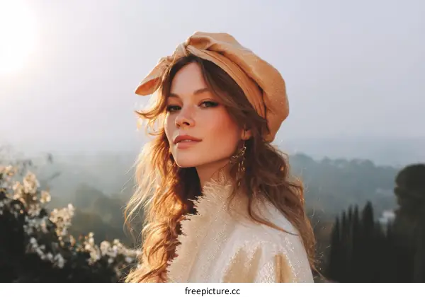 Woman in Beige Beanie and Golden Earrings Against a Mountain View