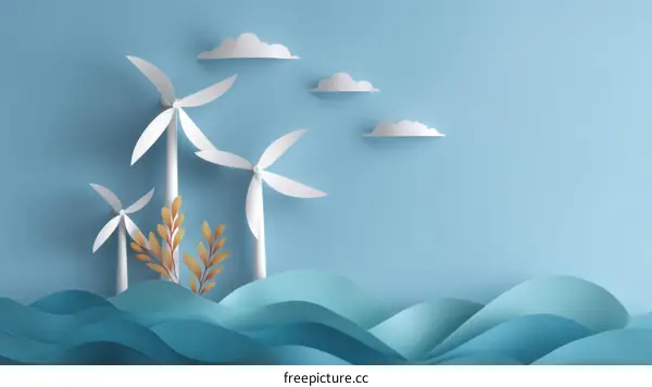 Paper Art Windmills on the Waves