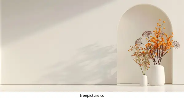 Minimalist White Wall with Dried Flowers in Vases