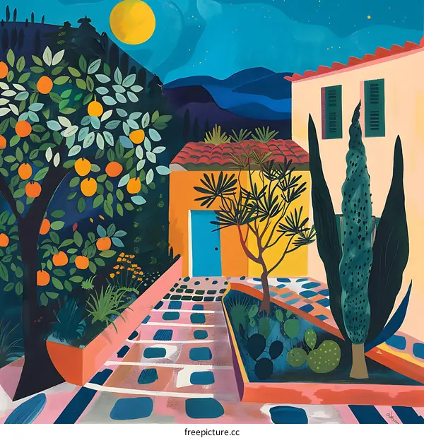 Nighttime View of a Yellow House with Orange Tree and Patio