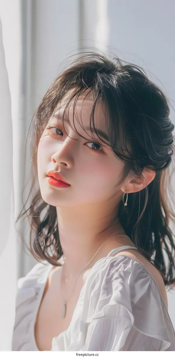 Beautiful Asian Woman with White Top Posing Against Window