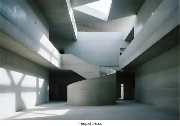 Concrete Spiral Staircase in Modern Minimalist Building Interior