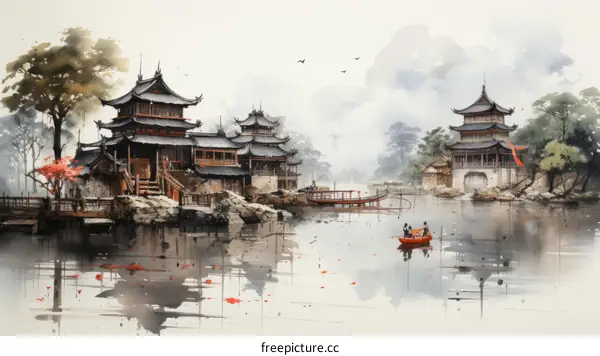 An illustration of a Chinese village on a river with mountains in the background
