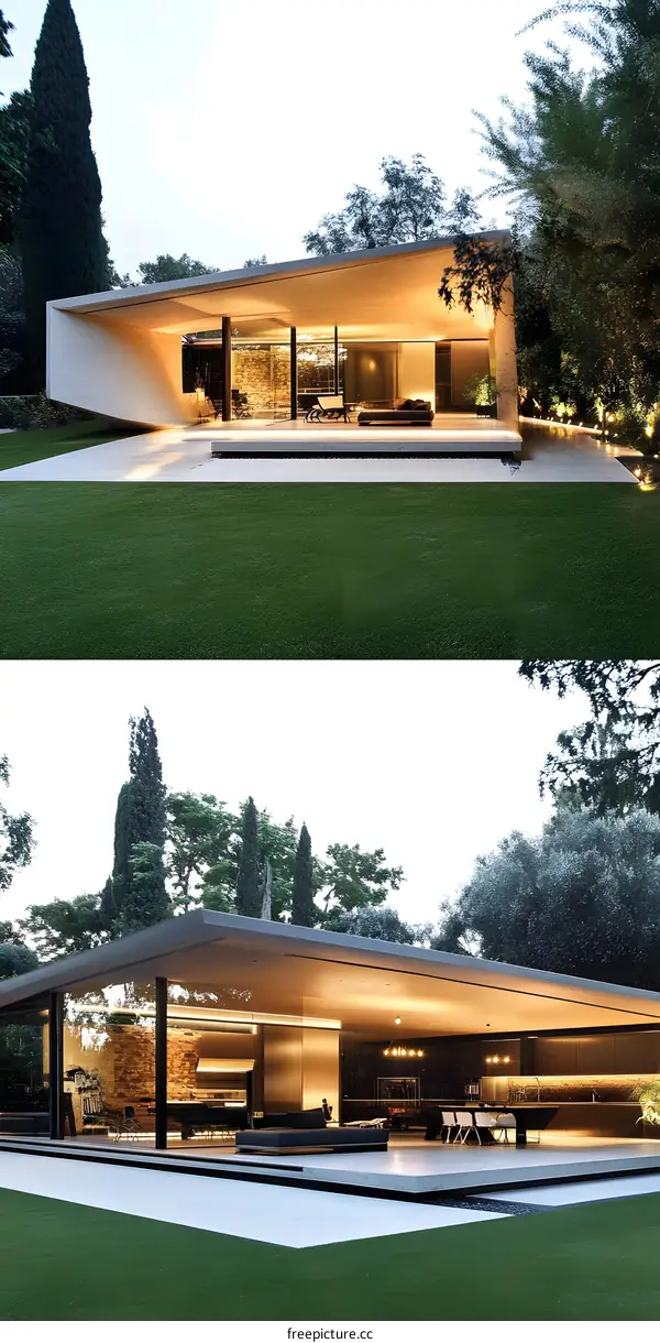 Modern Minimalist House with Large Glass Windows and Green Grass