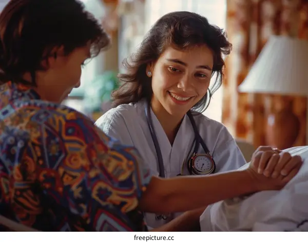 A young female nurse holding a patient's hand