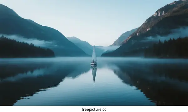 Sailboat gliding on misty mountain lake at dawn