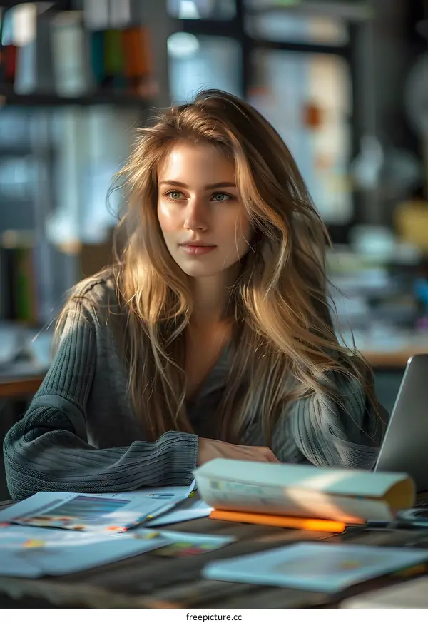 Portrait of a beautiful young woman sitting at a desk and looking away thoughtfully