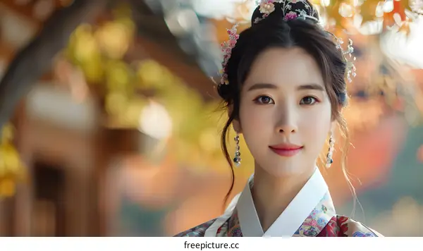 Portrait of a young Korean woman in traditional Hanbok dress