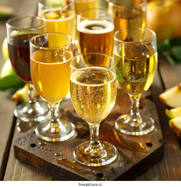 Tasting Flight of Different Kinds of Cider on Wooden Board
