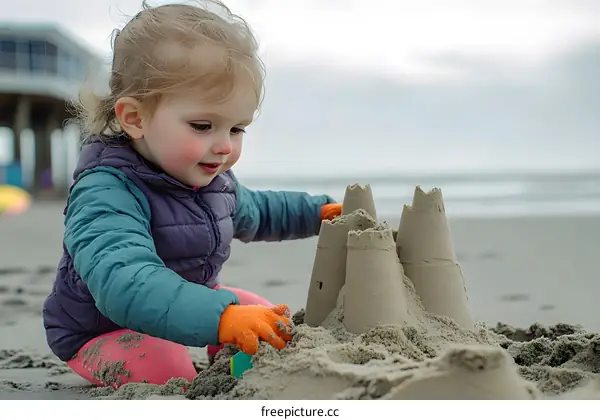 Little Girl Building Sandcastle on the Beach