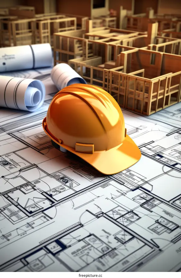 An illustration of a yellow hard hat on top of a set of blueprints.