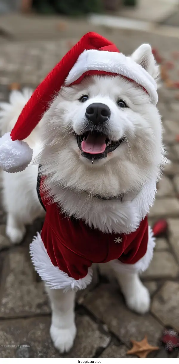 Samoyed dog wearing a Santa hat