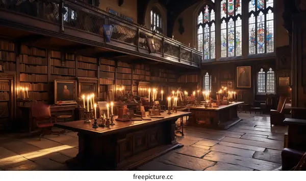 Grand Library Interior with Ornate Wooden Tables and Chairs