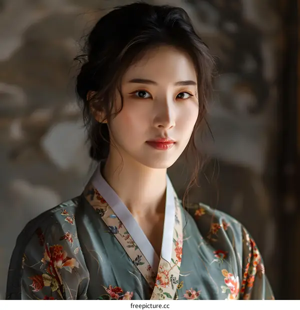 portrait of a beautiful asian woman in traditional korean hanbok dress