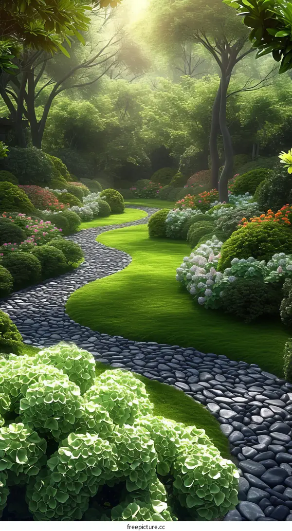 Stone path through a lush garden