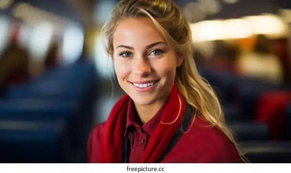 Portrait of a smiling young woman with blonde hair wearing a red scarf