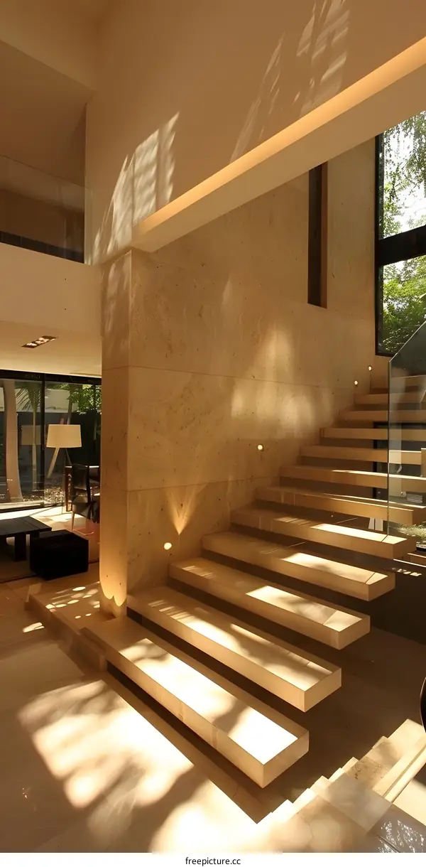 Modern Staircase Design with Natural Stone and Glass Railing
