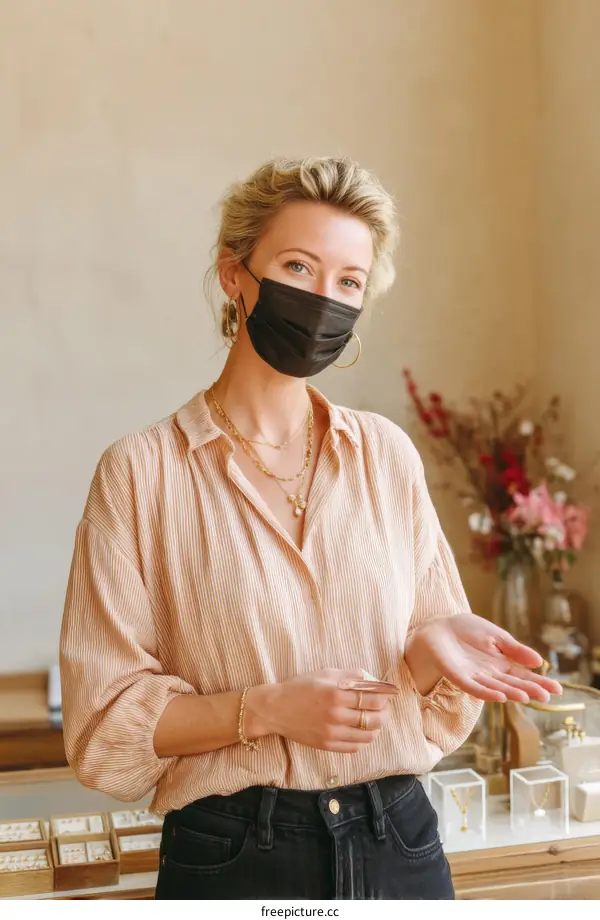 A Woman Wearing Mask Standing in a Jewelry Shop