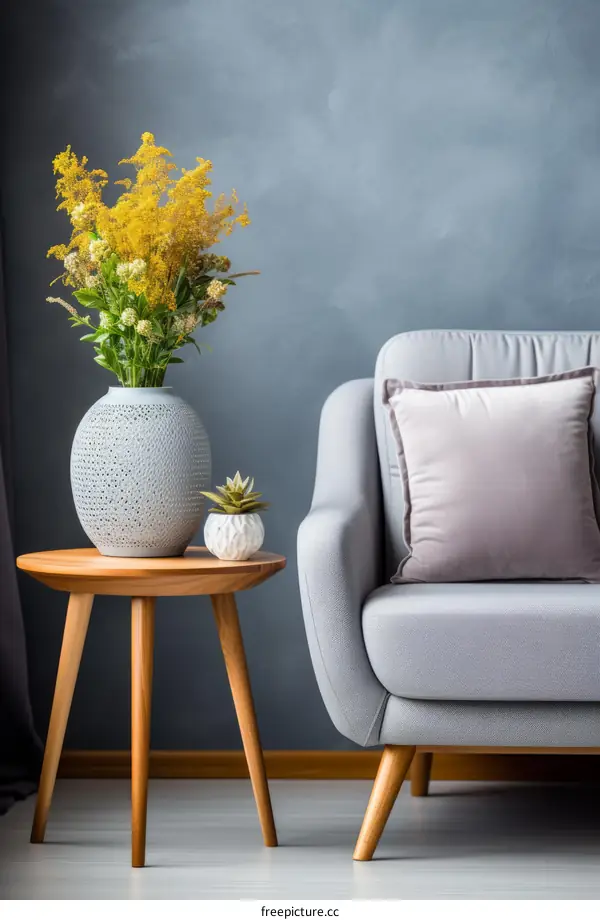 A beautiful living room with a gray couch and a vase of yellow flowers