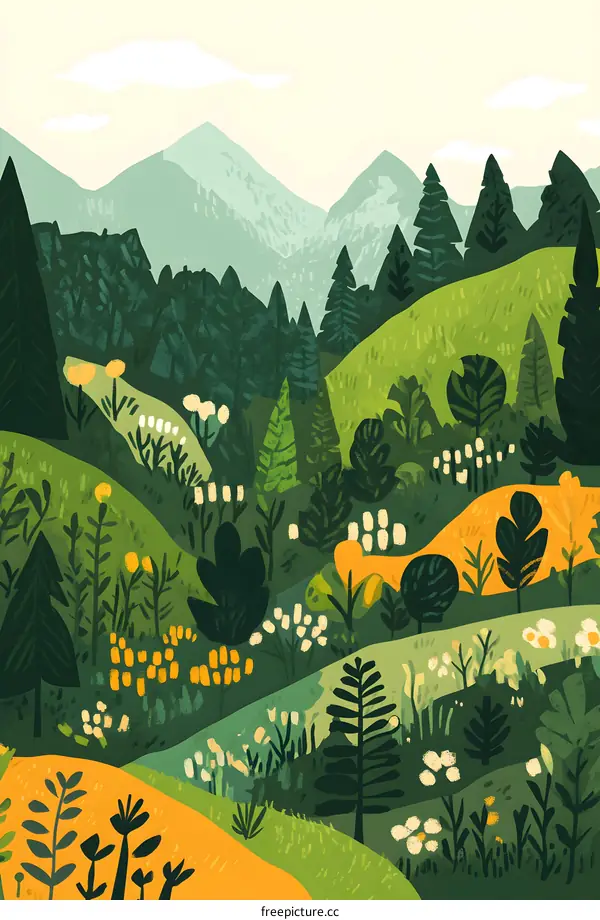 Illustrated Green Hills Landscape with Mountains