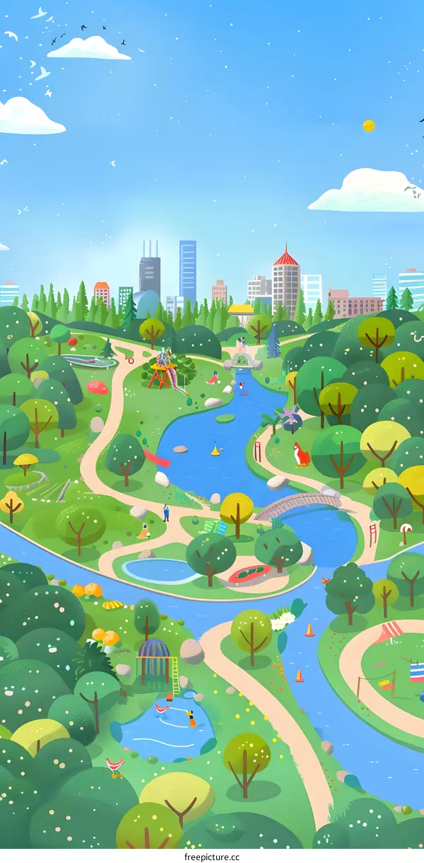 City Park Illustration with People and Birds