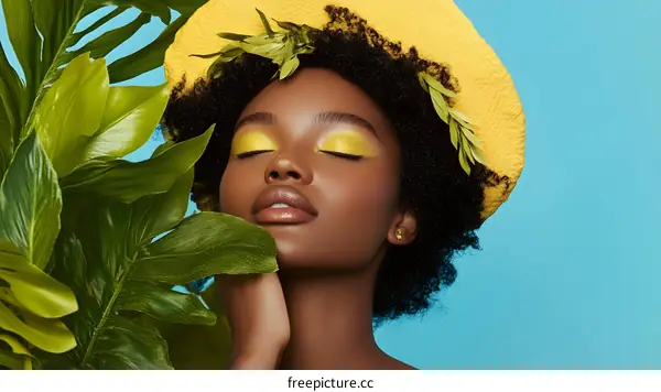 Woman in a Yellow Hat with Green Leaves