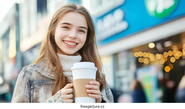 Smiling Teen Girl with Coffee on City Street
