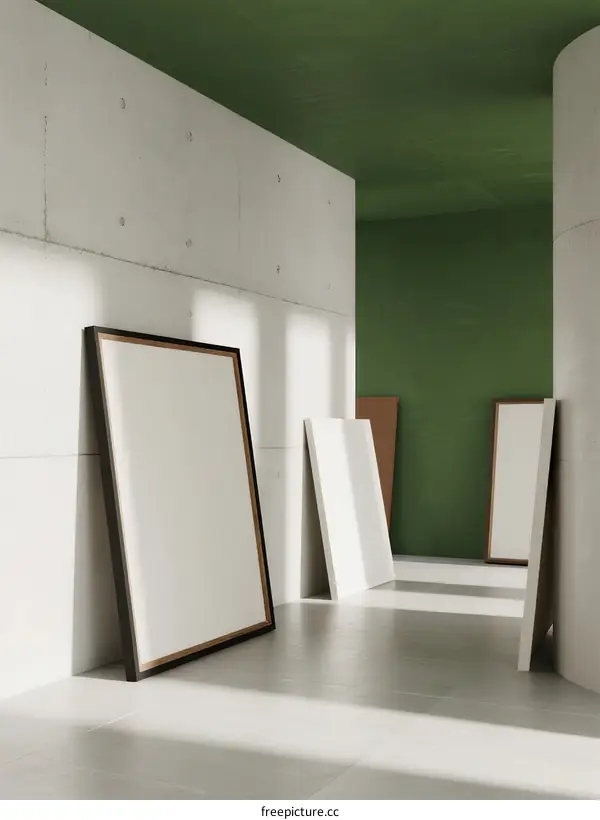 Interior Space with Empty Frames Leaning Against Concrete Walls