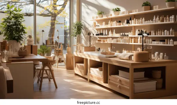 An interior of a beauty salon with wooden shelves, a wooden table, and a wooden chair