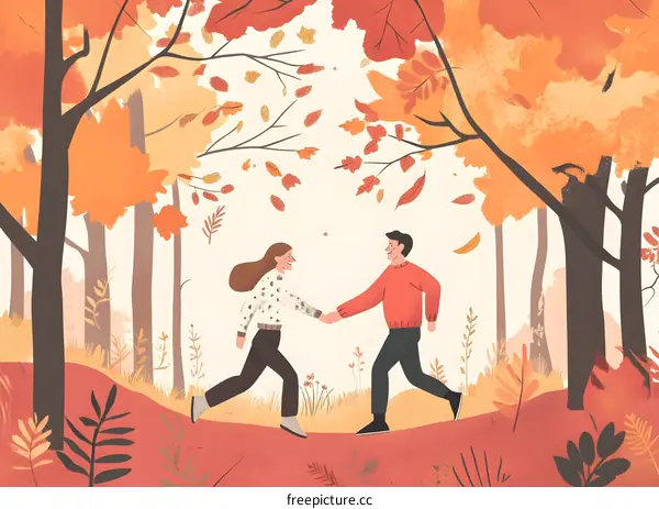 Couple Walking in Autumn Forest Illustration
