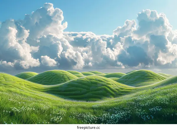 Green Rolling Hills under a Blue Sky with White Clouds