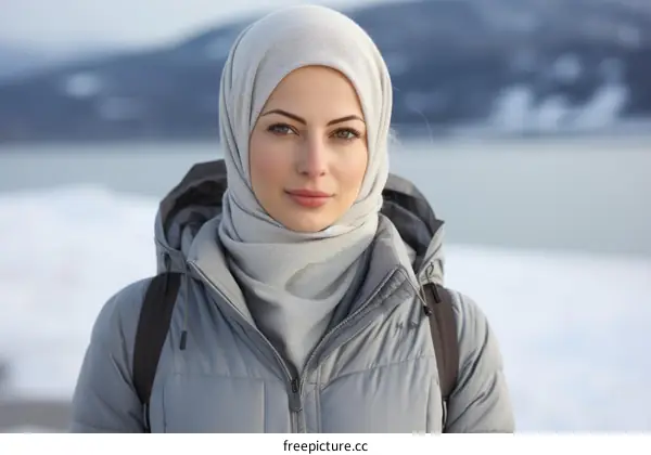 portrait of a young woman wearing a light grey hijab and a grey jacket