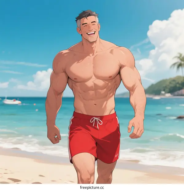 Muscular man walking on sunny beach with clear blue water