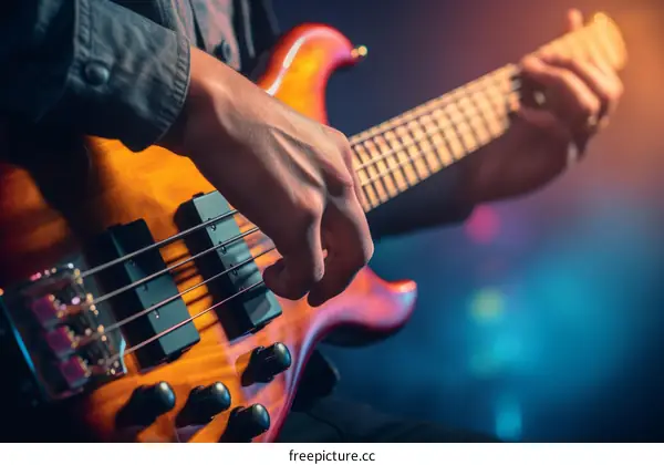 Close up of a musician playing the bass guitar on stage