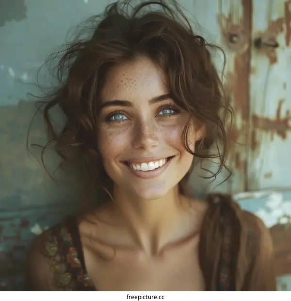 Smiling Woman with Freckles Outdoor Portrait